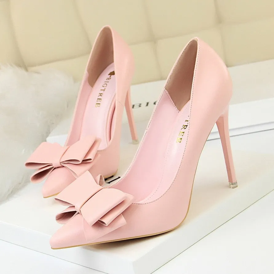 Amozae Autumn Heel Shoes Pink Heels Woman Blue Sweet Bow Women White High Heels Matte Leather Pumps Thin Heel Pointed Ladies high heels A2