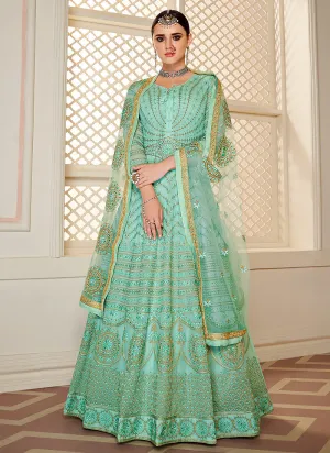 Aqua Blue Lucknowi Embroidered Anarkali Suit