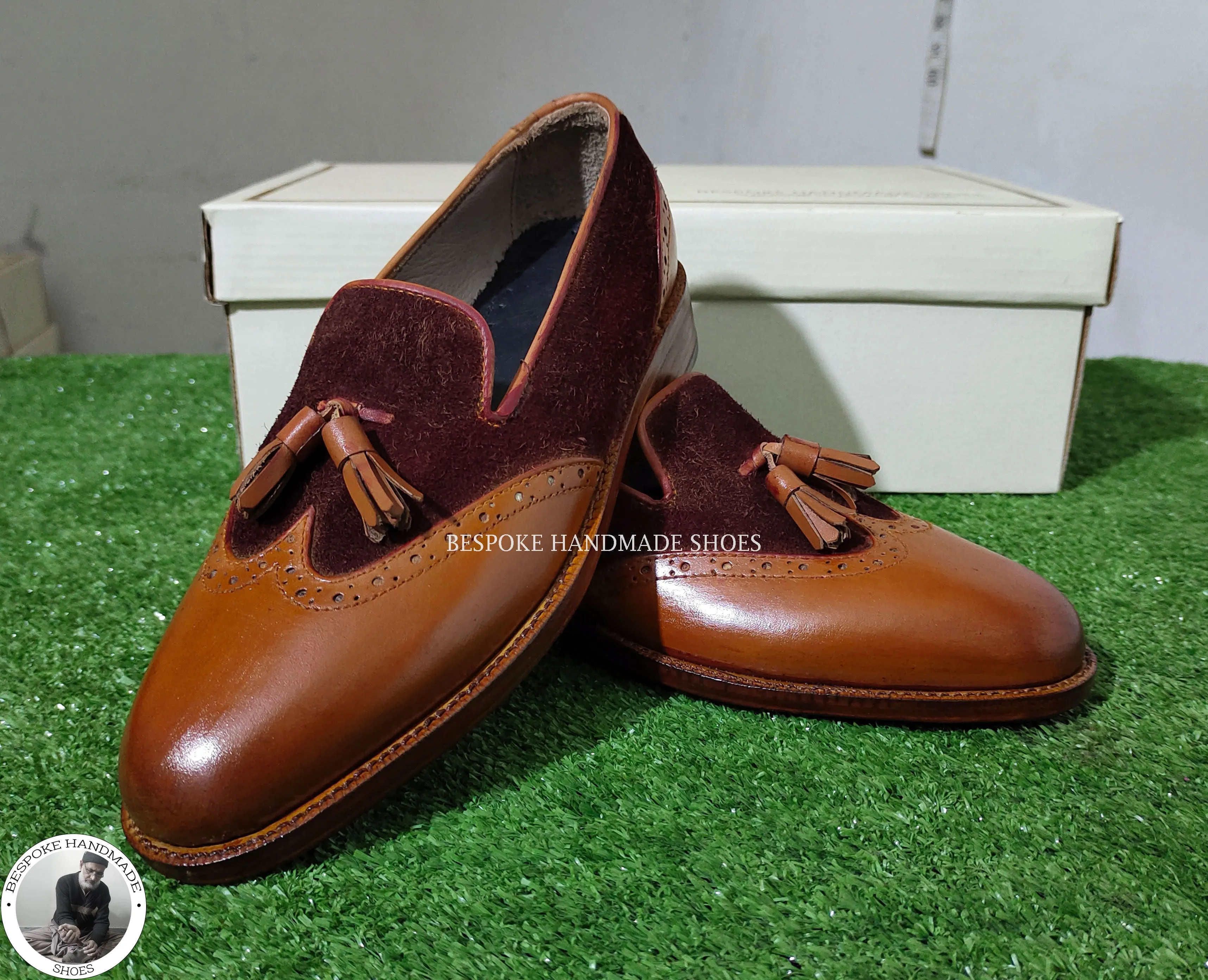 Bespoke Handmade Stylish Brown Leather And Suede Loafer Style Leather Tassels Casual Shoes