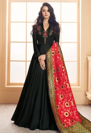 Black And Red Embroidered Satin Anarkali Suit