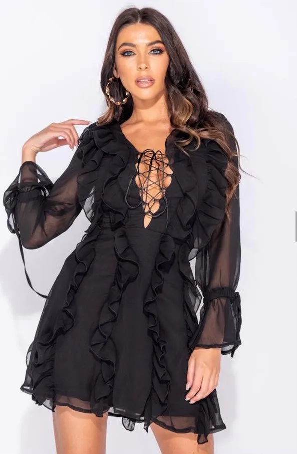 Black Chiffon Ruffle Lace Up Mini Dress