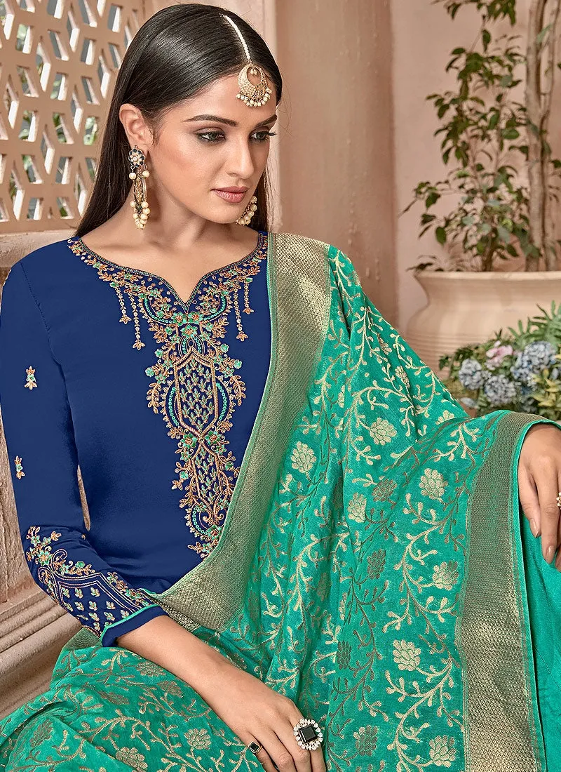 Blue And Turquoise Combination Embroidered Palazzo Suit