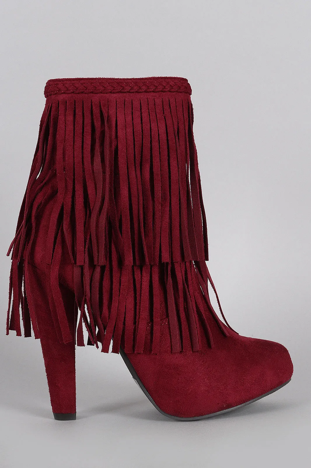 Breckelle Braided Layered Fringe Almond Toe Heeled Booties