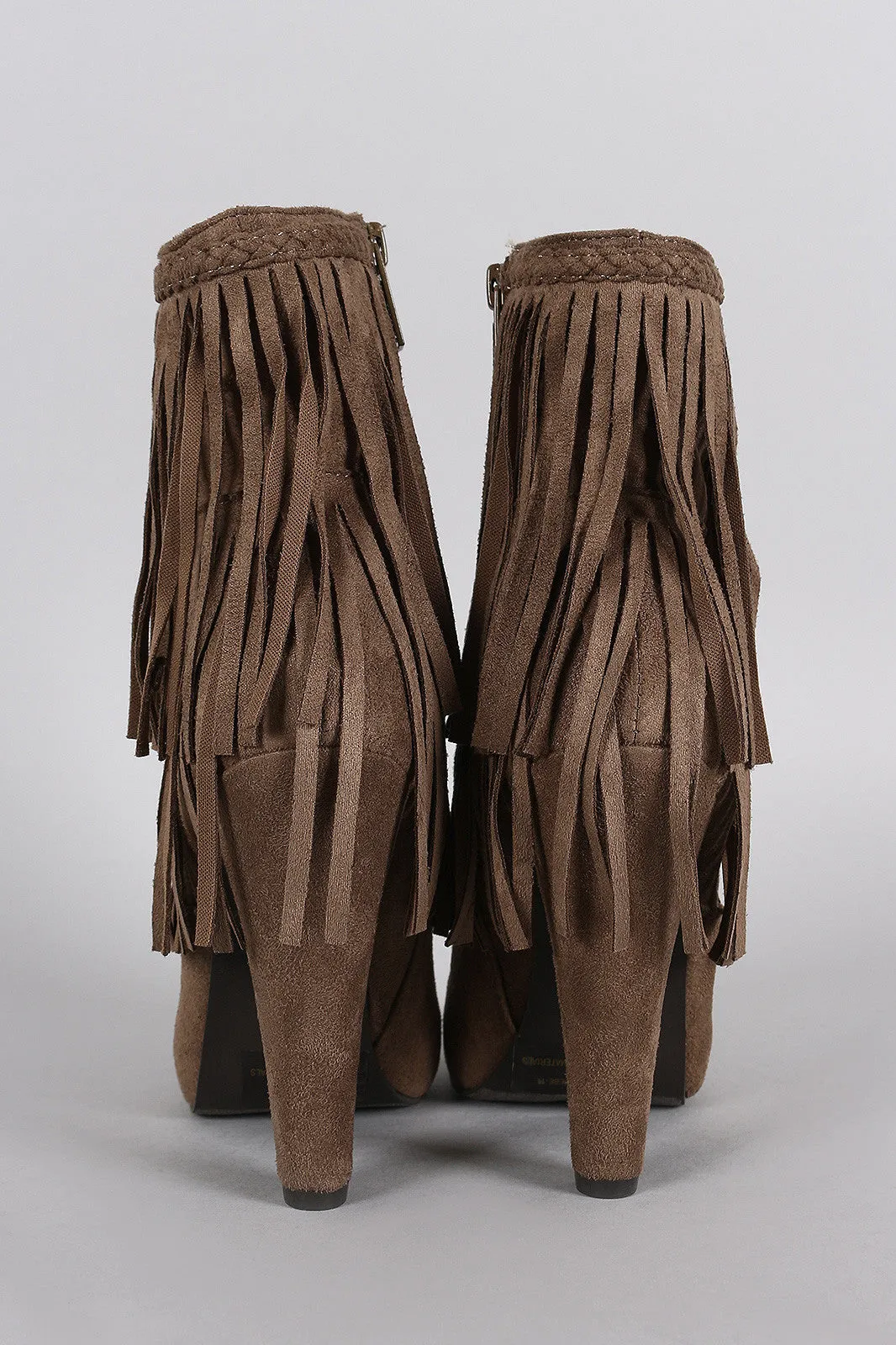 Breckelle Braided Layered Fringe Almond Toe Heeled Booties