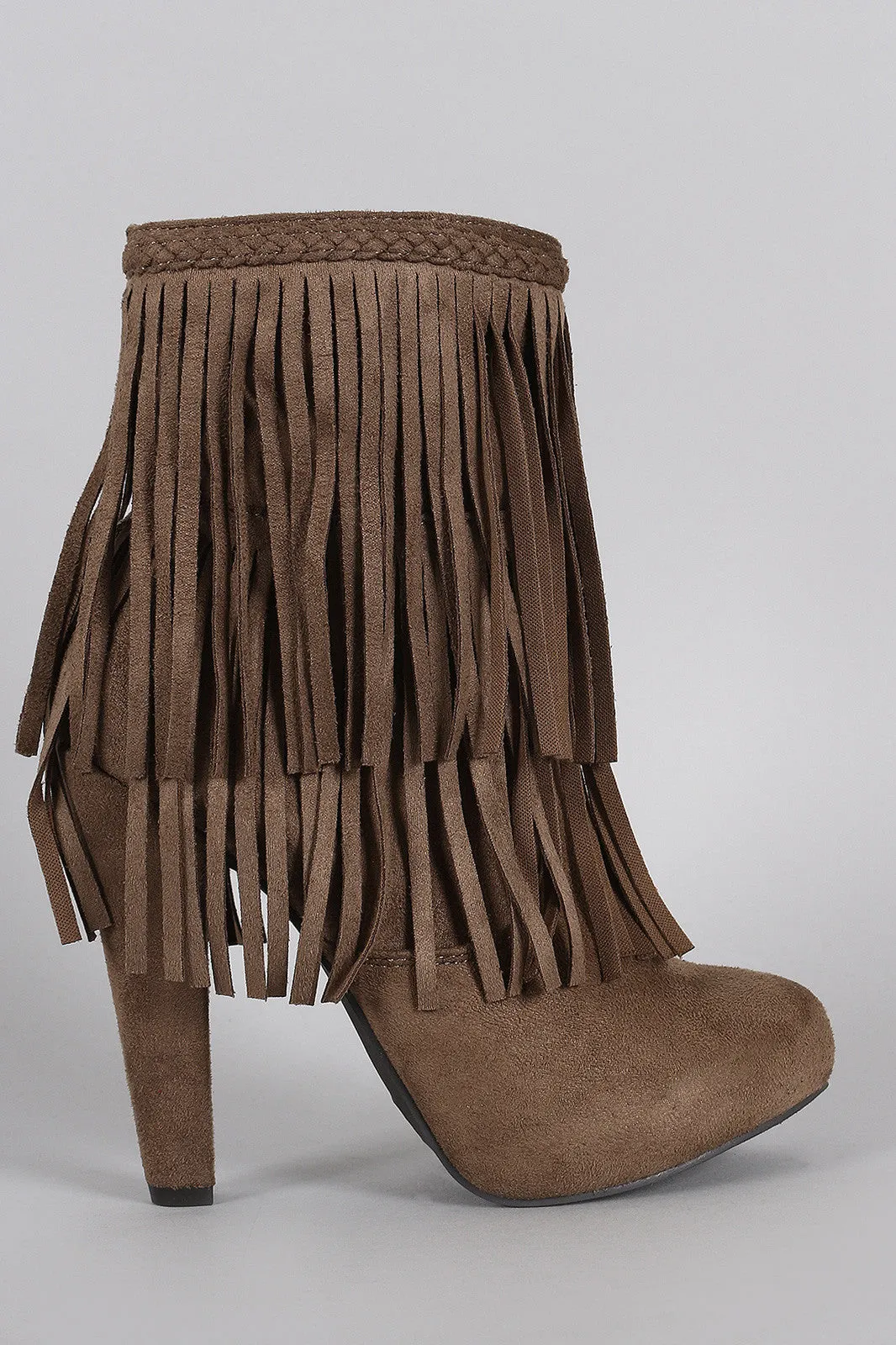 Breckelle Braided Layered Fringe Almond Toe Heeled Booties