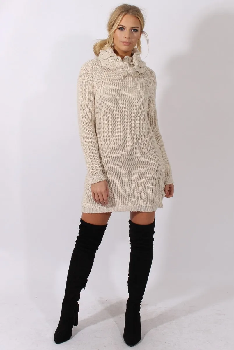 Cream Chunky Turtleneck Knit Jumper Dress - Cloe