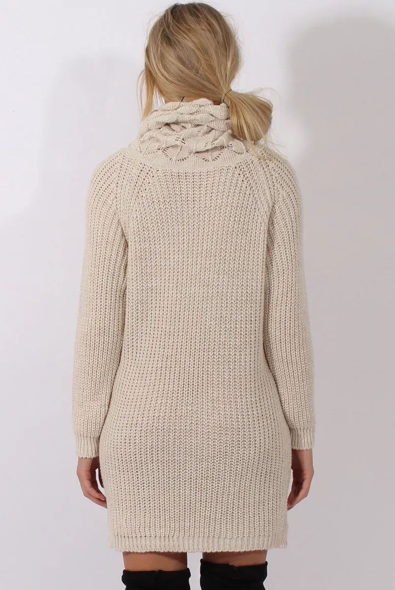 Cream Chunky Turtleneck Knit Jumper Dress - Cloe