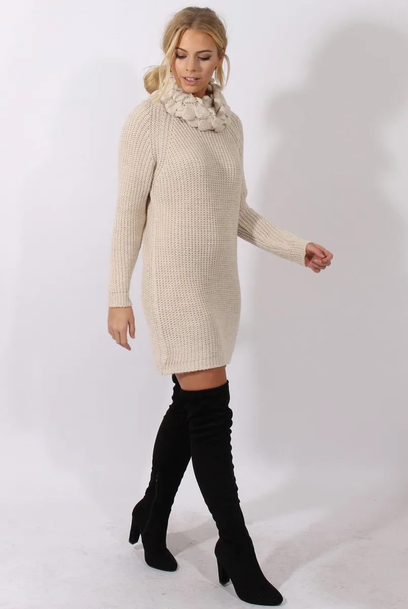 Cream Chunky Turtleneck Knit Jumper Dress - Cloe