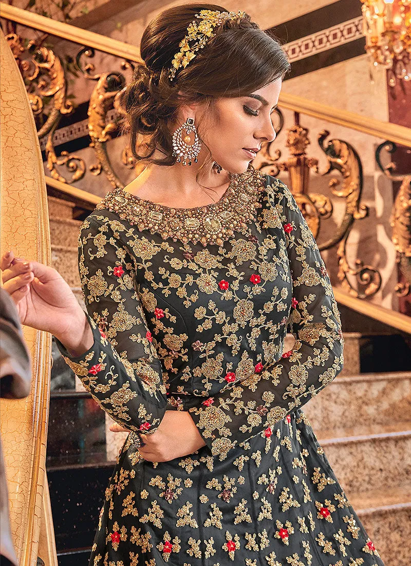 Deep Grey Embroidered Designer Jacket Anarkali Suit