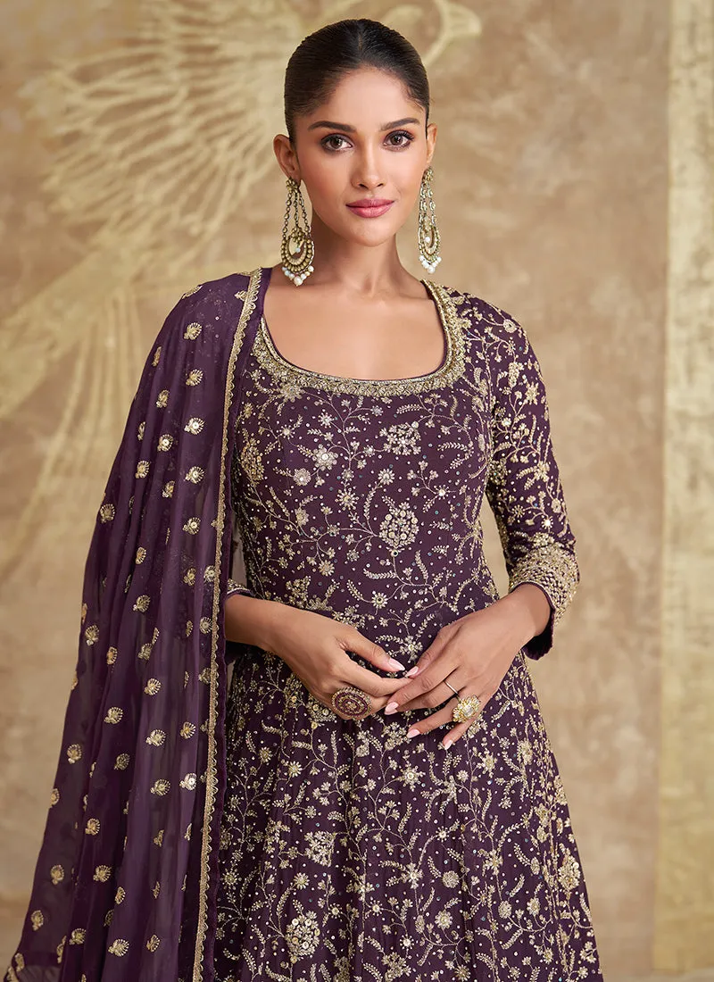 Deep Purple Embroidery Festive Anarkali Gown Dress