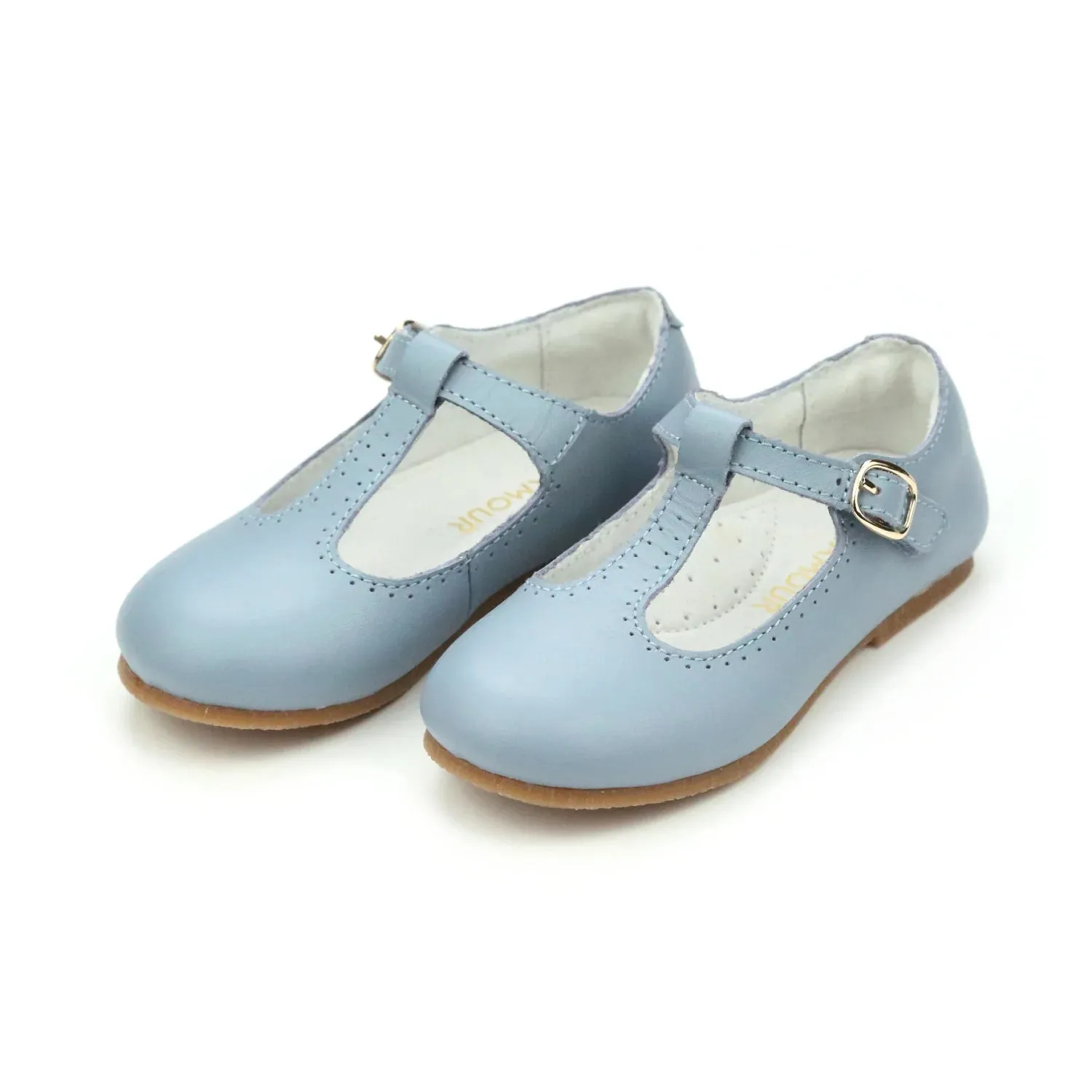 Eleanor T-Strap Flat in Dusty Blue