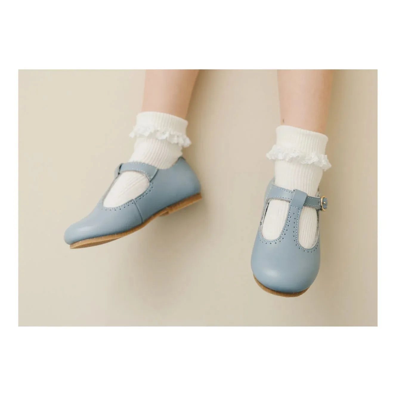 Eleanor T-Strap Flat in Dusty Blue