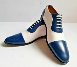 Handmade Men’s Leather Lace Up Stylish Shoes, Men White Blue Cap Toe Dress Shoes