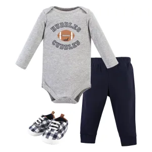 Hudson Baby Cotton Bodysuit, Pant and Shoe Set, Football Huddles Long Sleeve