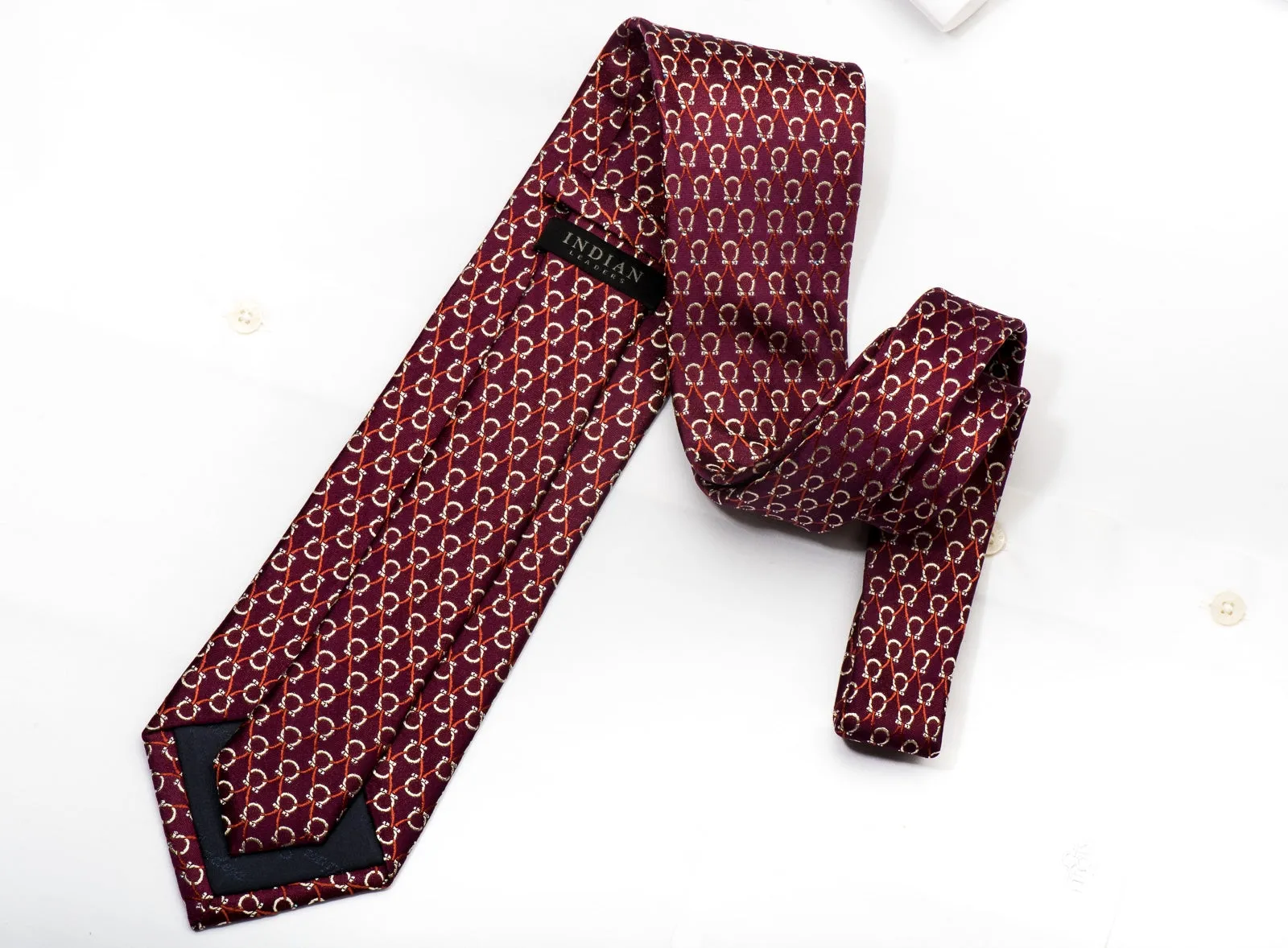 Indian Leaders Men's Silk Tie Golden Horse Shoes On Burgundy Sparkling With Crystal Rhinestones