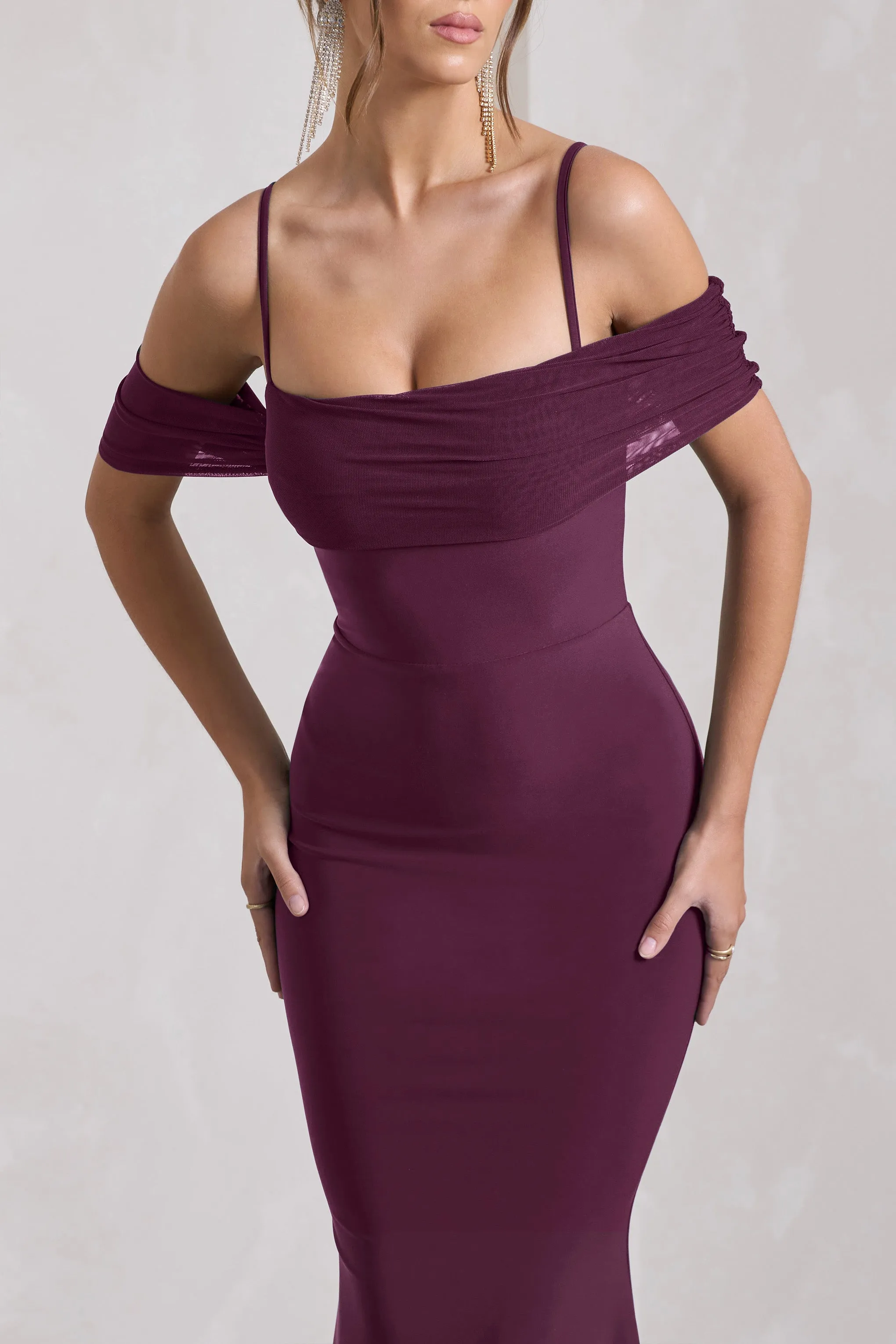 Miracle | Plum Strappy Mesh Bardot Maxi Dress