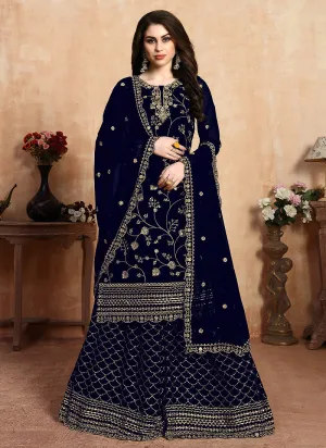 Navy Blue Golden Embroidered Designer Sharara Style Suit