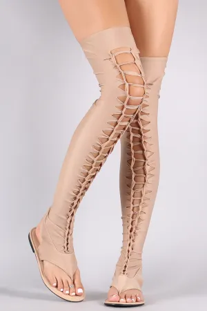 Nubuck Elastane Thigh High Braided Cutout Gladiator Flat Sandal