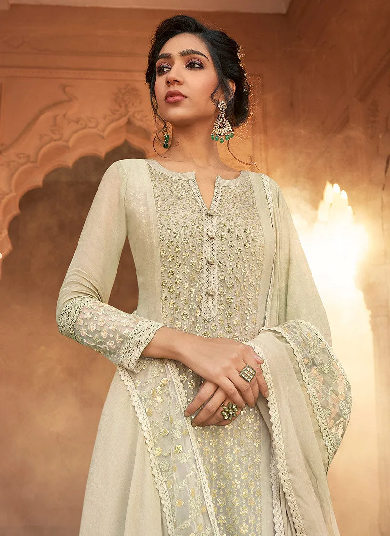 Off White Designer Embroidered Palazzo Suit