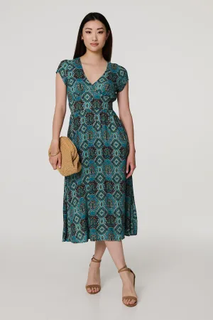 Printed V-Neck Cap Sleeve Midi Dress