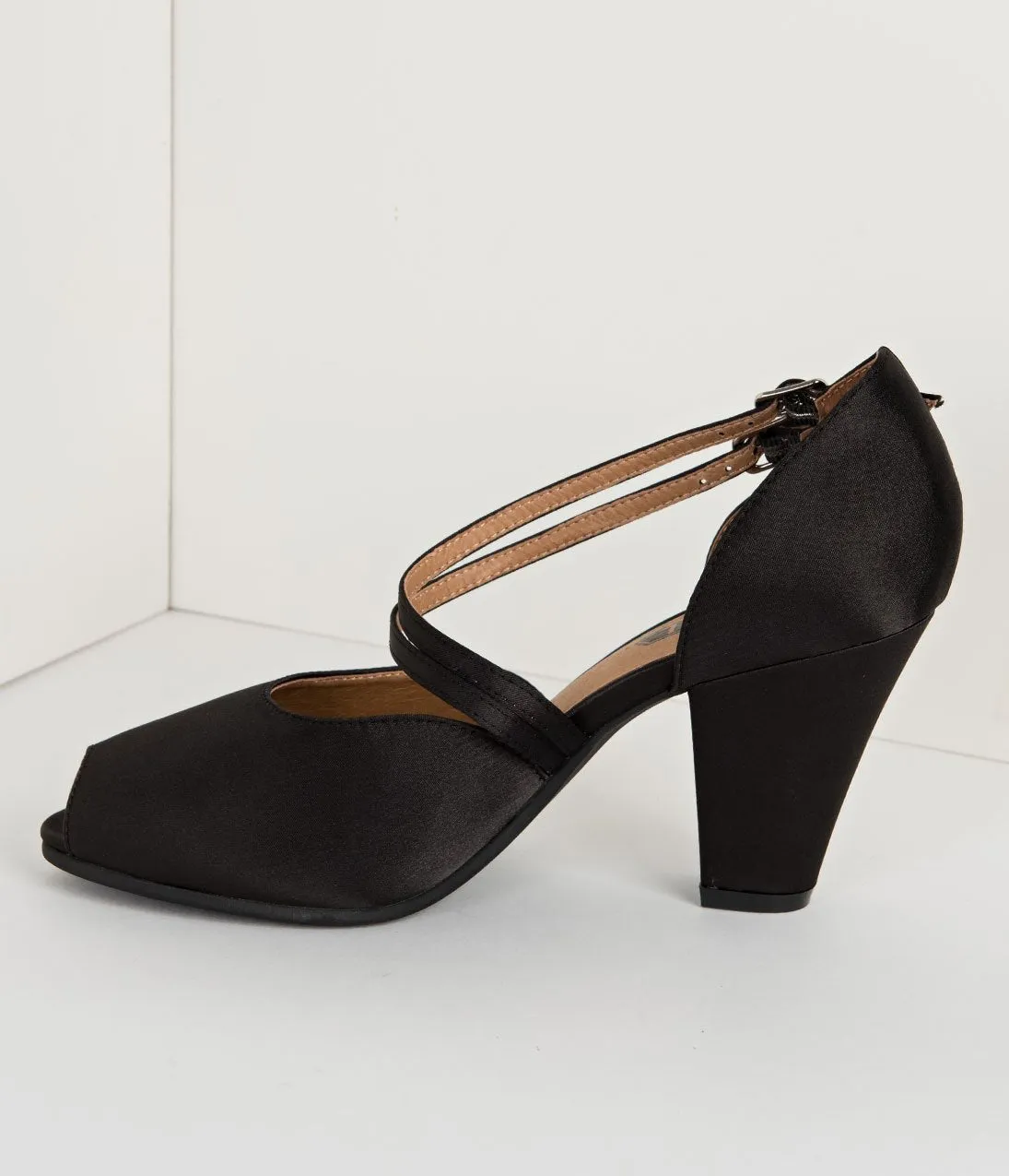 Royal Vintage 1940s Style Black Satin Peep Toe Zella Heels