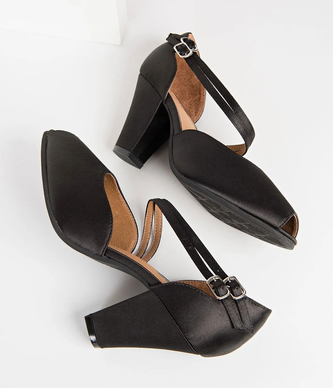 Royal Vintage 1940s Style Black Satin Peep Toe Zella Heels