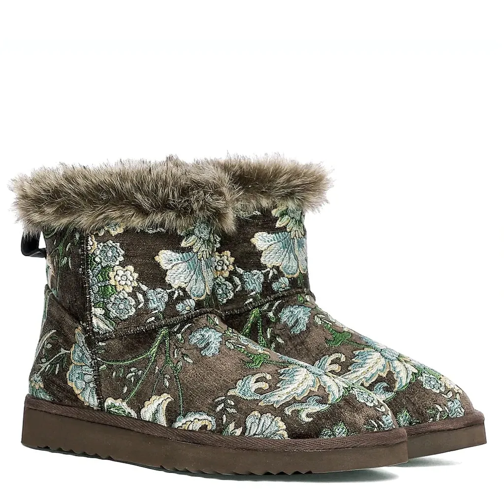 Saint Winifred Floral Embroidered Grey Fabric Snug Boots