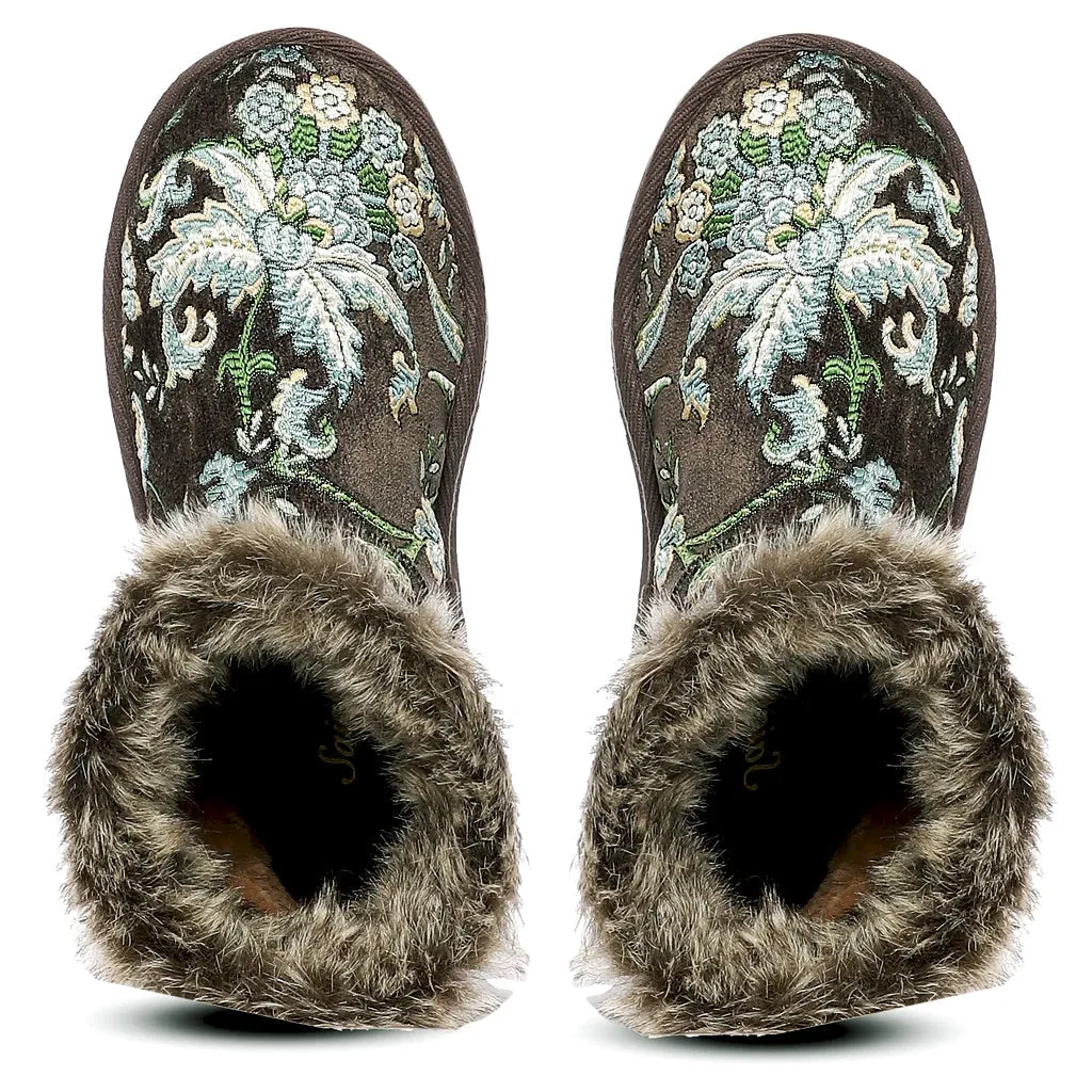 Saint Winifred Floral Embroidered Grey Fabric Snug Boots