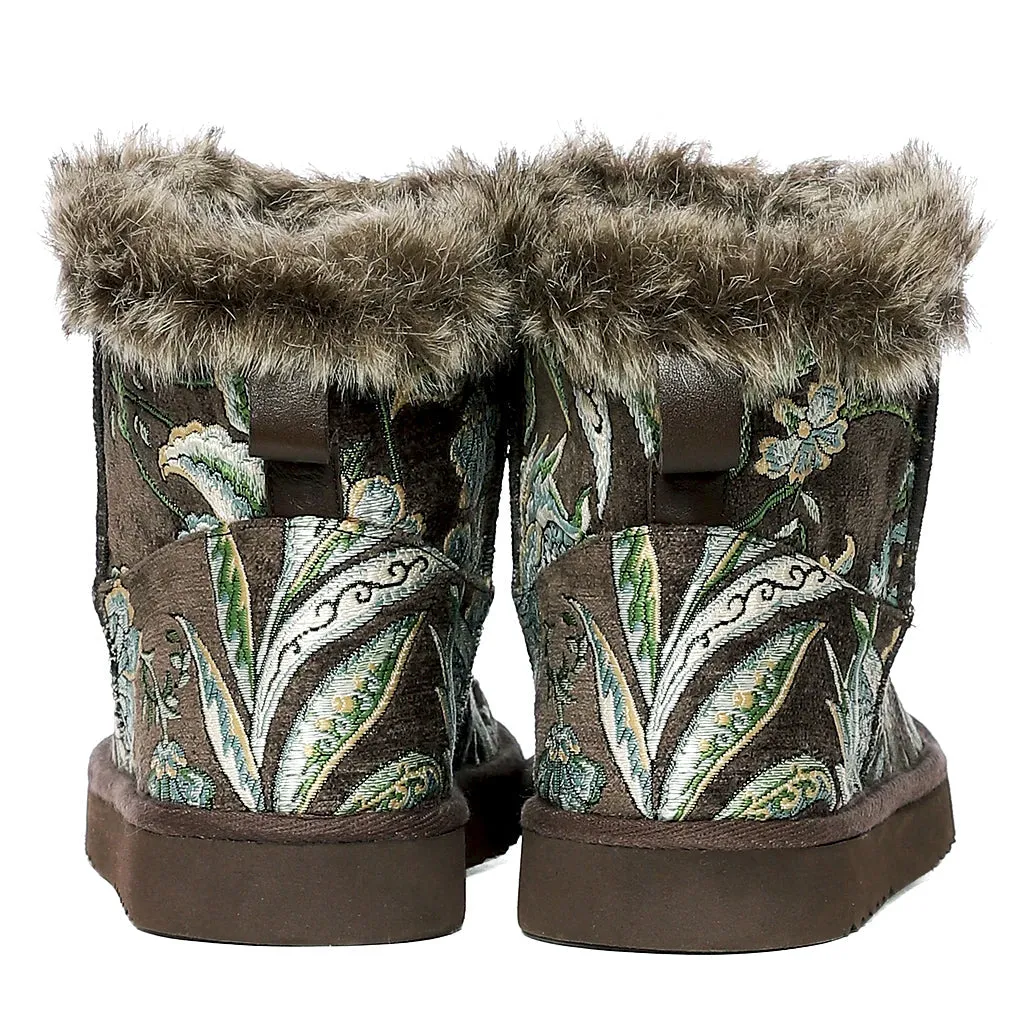 Saint Winifred Floral Embroidered Grey Fabric Snug Boots