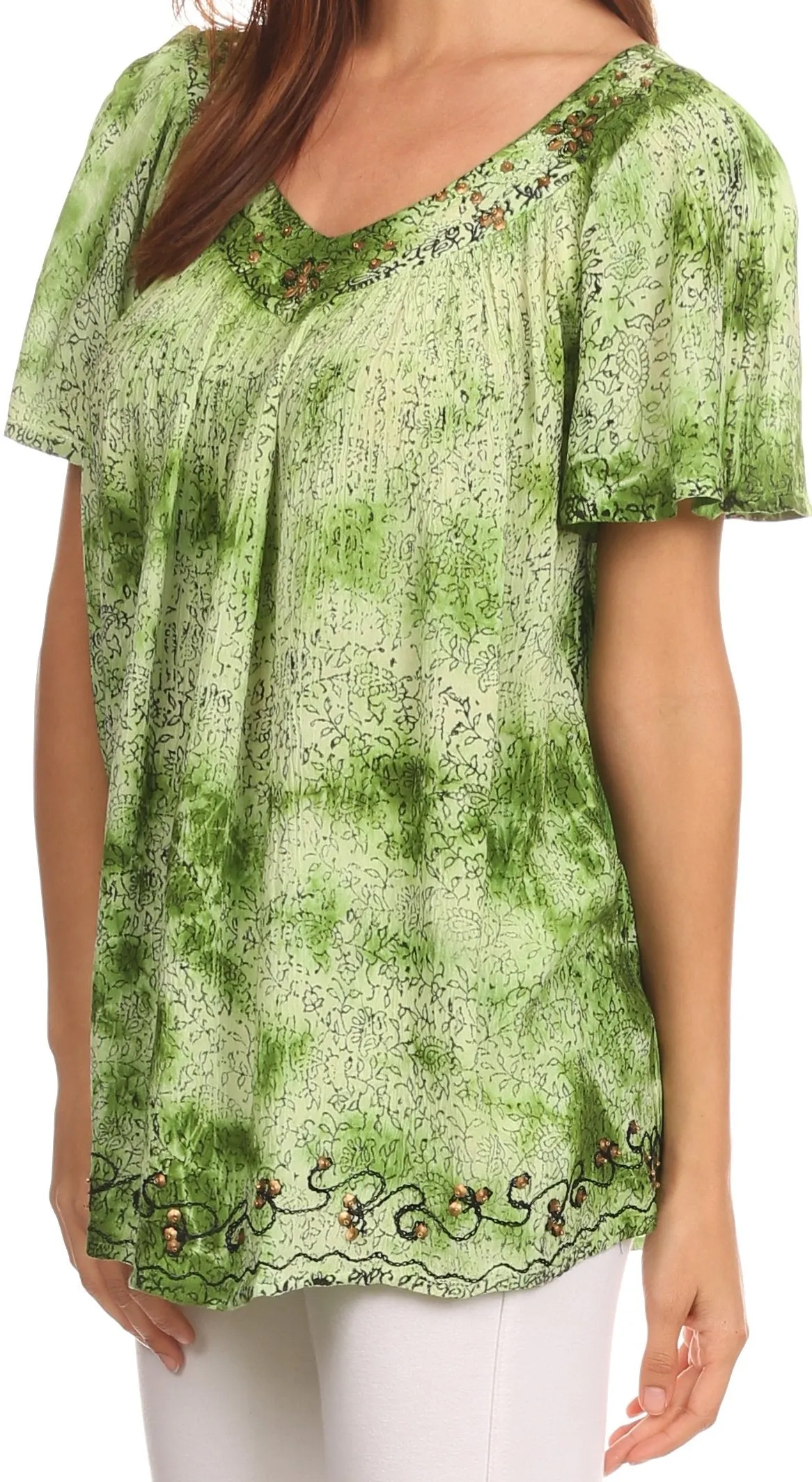 Sakkas Short Sleeve Vine Print V-neck Peasant Top with Beads and Embroidery