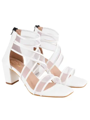 Shoetopia Patent Multi Cross Strap White Block Heeled Sandals For Women & Girls /UK7