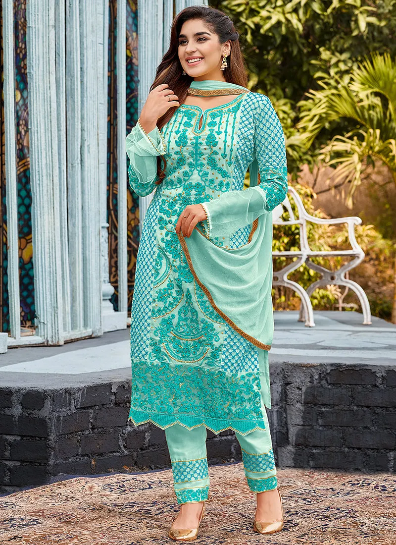 Sky Blue Pearl Embroidery Pakistani Pant Suit