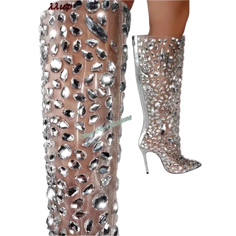 TEEK - Rhinestone Silver Knee-High Boots