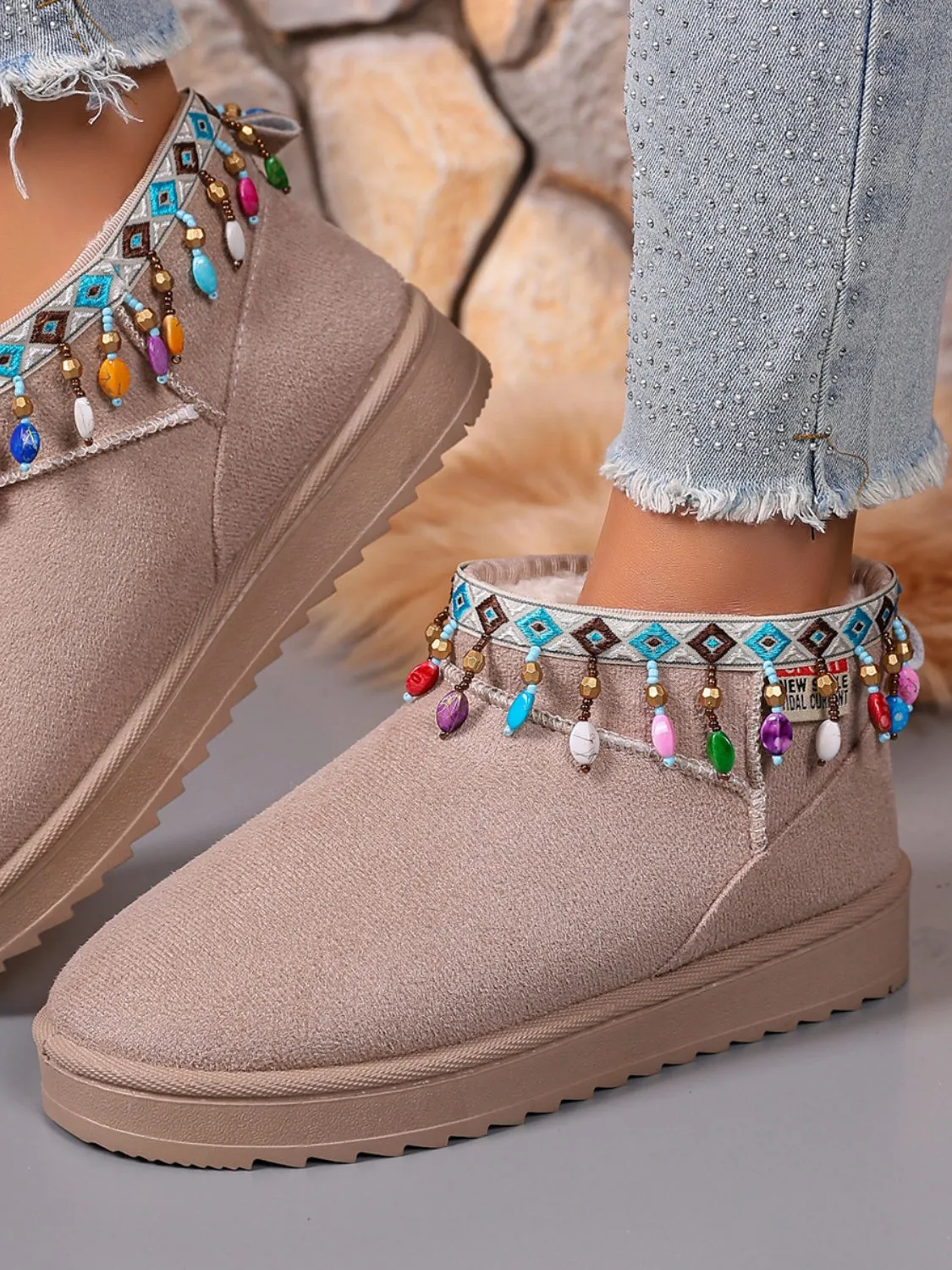 Thermal Faux Fur Beaded Platform Boots