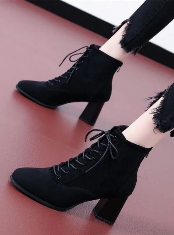 Trendy Chunky Heel Lace Up Ankle Boots