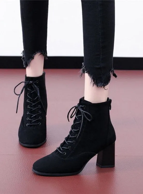 Trendy Chunky Heel Lace Up Ankle Boots