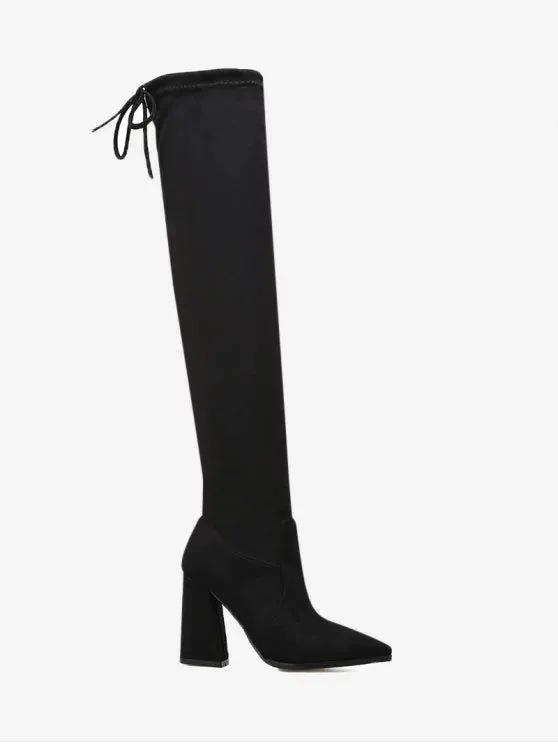 Trendy Pointed Toe Tie Back Thigh High Boots