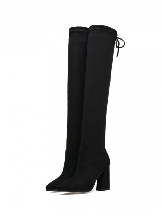 Trendy Pointed Toe Tie Back Thigh High Boots