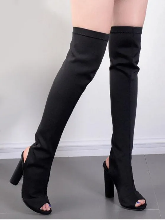 Trendy Slingback Peep Toe Chunky Thigh High Boots