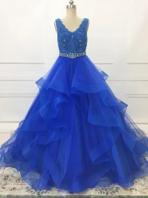 V Neck Elegant Little Girl Royal Blue Pagenat Dress for Special Prom