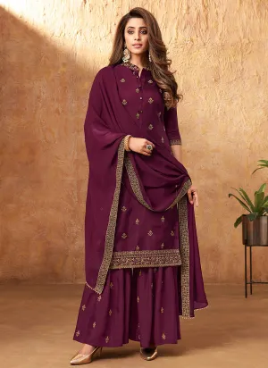 Wine Resham Work Detailed Traditional Sharara Suit