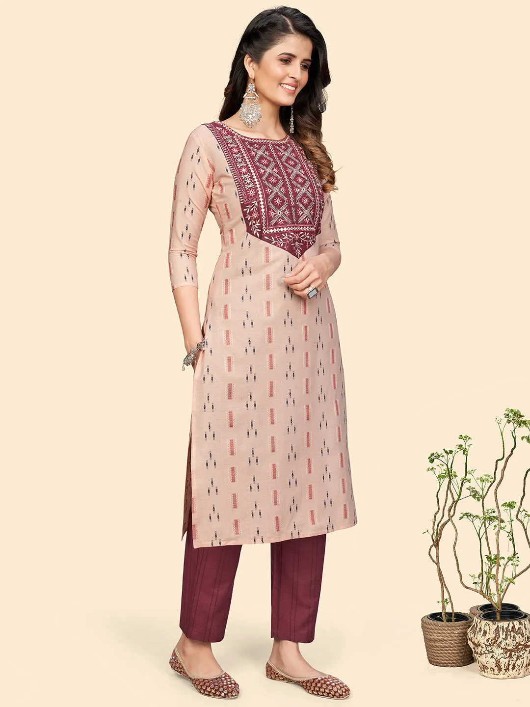 Women'S Embroidered & Mirror Straight Cotton Peach Stitched Kurta Pant With Dupatta