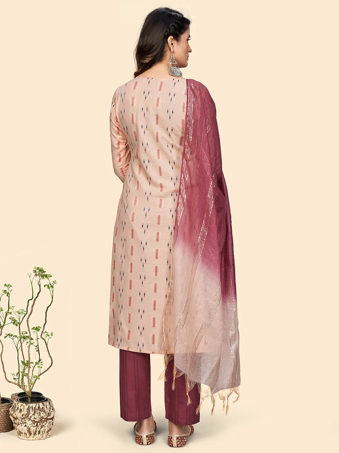 Women'S Embroidered & Mirror Straight Cotton Peach Stitched Kurta Pant With Dupatta