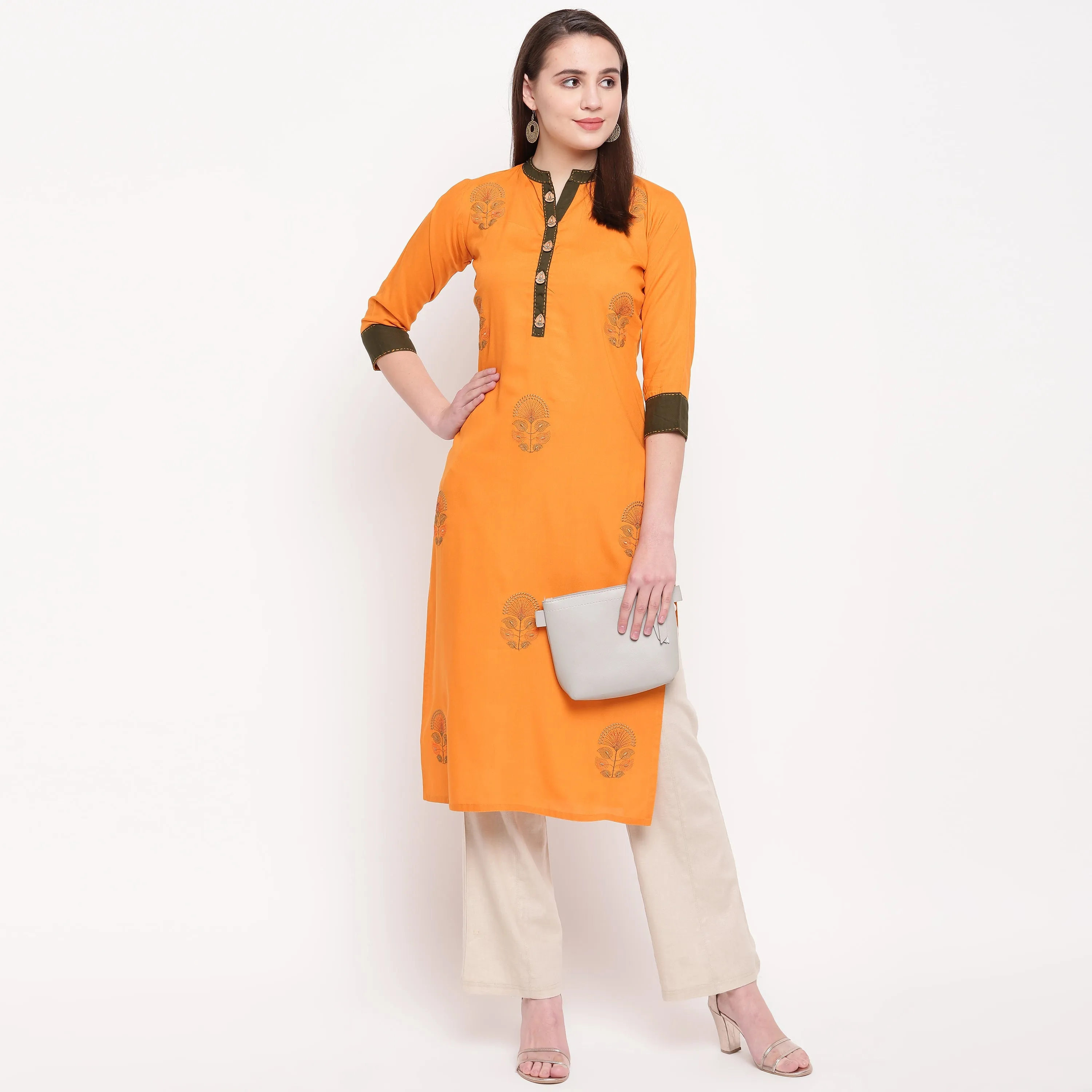 Women'S Embroidered Straight Rayon Mustard Kurta (1Pc)