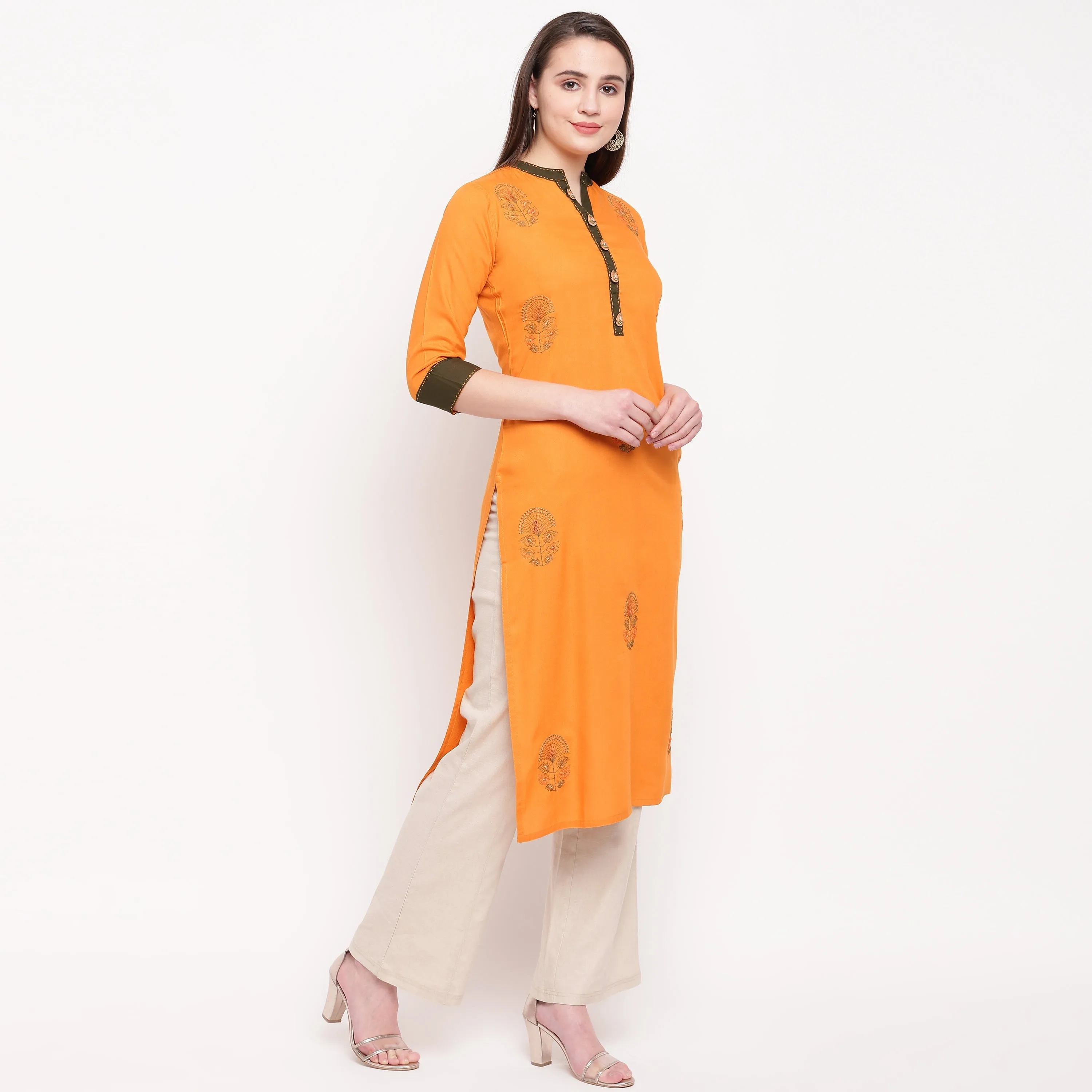 Women'S Embroidered Straight Rayon Mustard Kurta (1Pc)