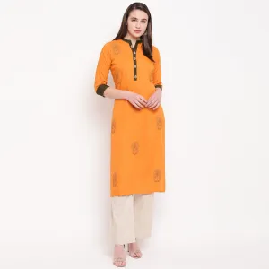 Women'S Embroidered Straight Rayon Mustard Kurta (1Pc)