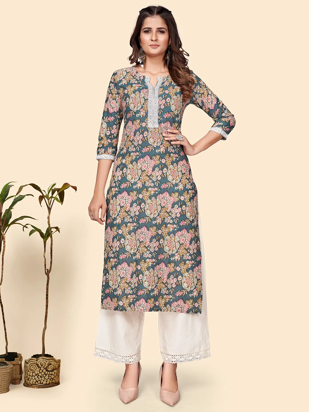 Women'S Floral Print Straight Cotton Blue Stitched Kurta