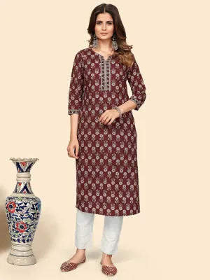 Women'S Floral Print Straight Cotton Maroon Stitched Kurta