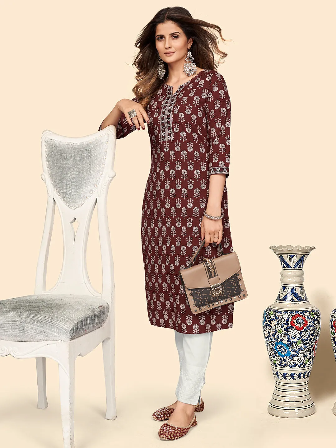 Women'S Floral Print Straight Cotton Maroon Stitched Kurta