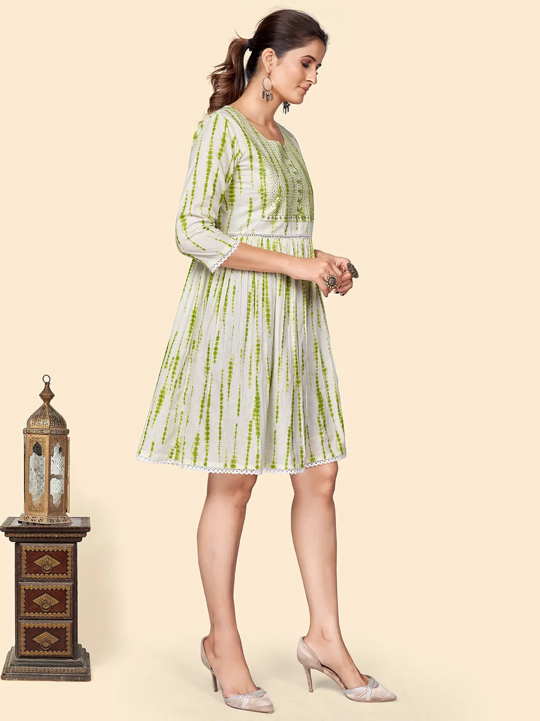 Women'S Print & Sequience Flared Cotton Green Stitched Dress